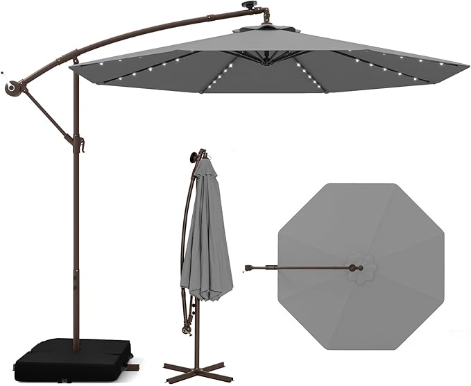 Tangkula 10FT Offset Patio Umbrella with Base Included, Outdoor Cantilever Umbrella with 40 Solar LED Lights, Tilt Adjustment, Crank Handle, Vented Top, Sand Bags for Pool Yard Deck (Gray)