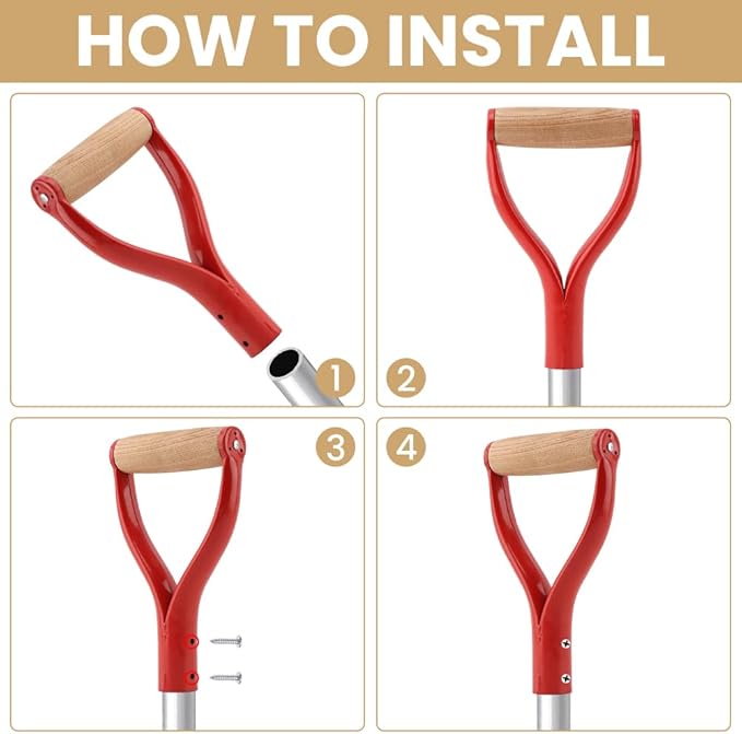 Shovel D Grip Handle, 32mm Inner Diameter Metal Shovel Replacement Handle with Wooden Grip Spade Snow Scoop Digging Raking Tools Snow Shove-l for Digging Raking (red)