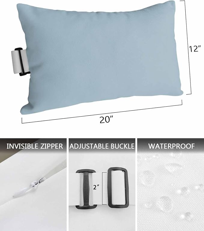 Outdoor Pillow for Lounge Chair with Strap & Insert Winter Sky Blue Recliner Head Pillow Solid Color Waterproof Headrest Patio Lumbar Pillows for Beach Pool Office Chaise Chair 12x20 Inch