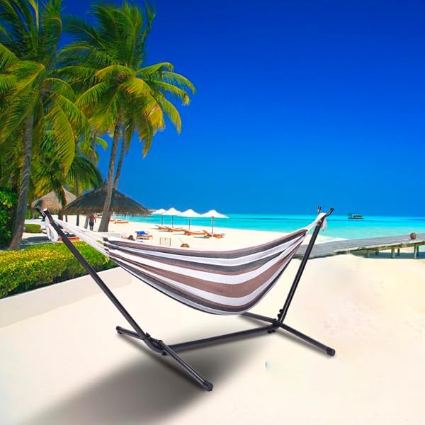 Double Hammock with Steel Stand for Outside,Portable Space Saving Heavy-Duty Steel Frame Hammock w/Portable Carrying Bag for Indoor Outdoor Patio Yard Camping,Easy Assembly,600 lbs Capacity (Coffee)