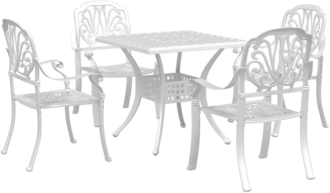 5 Piece Patio Dining Set White Cast Aluminum Outdoor Table and 4 Chairs for Garden Backyard Porch with Umbrella Hole High Backrest 31.5 x 31.5 Inch Weather Resistant Furniture Set