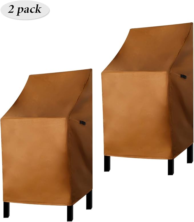 RosieLily High Back Patio Chair Covers - Waterproof Heavy Duty Stackable Outdoor Bar Stool Cover - Brown Furniture Covers for Outside Lounge, Deep Seat, Lawn Chairs - 2 Pack