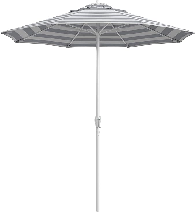California Umbrella 8-Year Protection 7.5 Ft Outdoor Patio Umbrella, Solstice Fade-Resistant Fabric, Auto-Tilt, Heavy Duty Aluminum Frame, 8 Reinforced Ribs for Pool or Deck, White Pole, Gray White Cabana Stripe