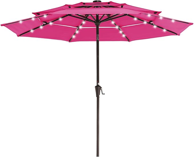 JEAREY 3 Tiers Patio Umbrella with Solar Lights 9ft Outdoor Market Table Umbrellas with Push Button Tilt for Outside Pool Garden, Pink