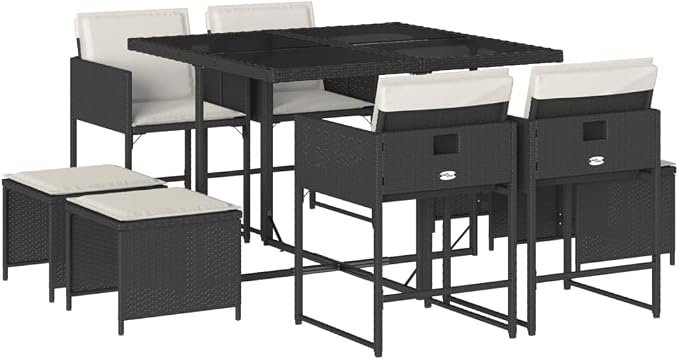 9 Piece Garden Dining Set, 8 Seater Outdoor Patio Furniture, Collapsible PE Rattan Table and Chairs with Cushions, Black