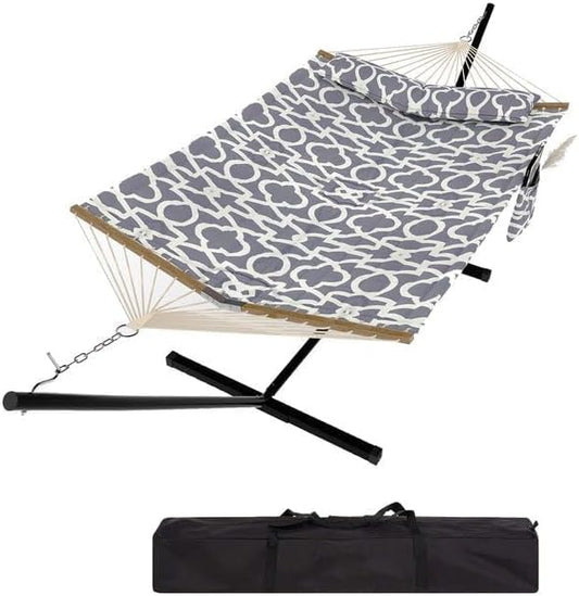 2 Person Hammock with Stand for Outdoor, 475 Lbs Capacity, Heavy Duty Portable Hammock with Adjustable Steel Stand for Patio, Garden, Beach, Backyard - Includes Carrying Bag, Light Gray