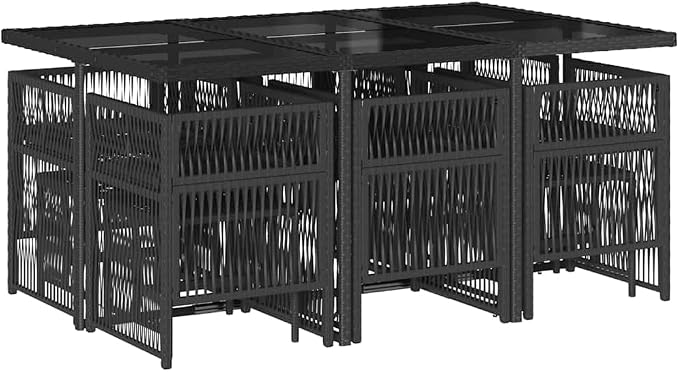 10-Seater Black Poly Rattan Garden Dining Set with Rectangular Table and Cushioned Chairs for Patio