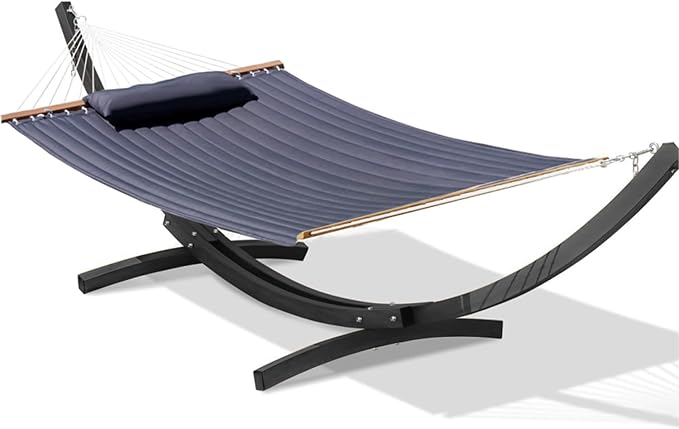 Lazy Daze Hammocks 12 FT 2 Person Double Quilted Hammock with Curved Steel Heavy Duty Stand and Pillow for Outside, Backyard, Patio, 450 Lbs Capacity, Dark Grey