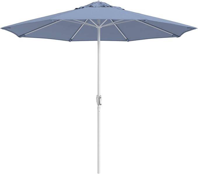 California Umbrella 12-Year Protection 9-Ft Outdoor Patio Umbrella, Sunbrella Fade-Resistant Fabric, Auto-Tilt, Heavy Duty Aluminum Frame, 8 Reinforced Ribs for Pool or Deck, White Pole, Air Blue
