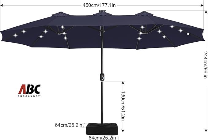 ABCCANOPY 15ft Umbrella Outdoor Patio Solar Lights with Base, Outdoor Double-Sided Rectangle Umbrella for Poolside, Lawn, Backyard (Navy Blue)
