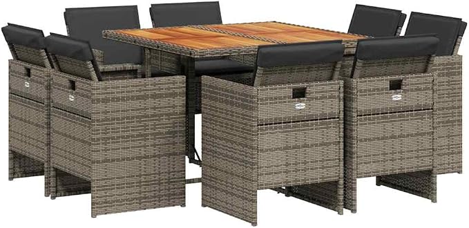 9 Piece Patio Dining Set with Cushions Gray Poly Rattan Outdoor Furniture Table with Acacia Wood Top 8 Folding Chairs UV-Proof for Garden Backyard Relaxing