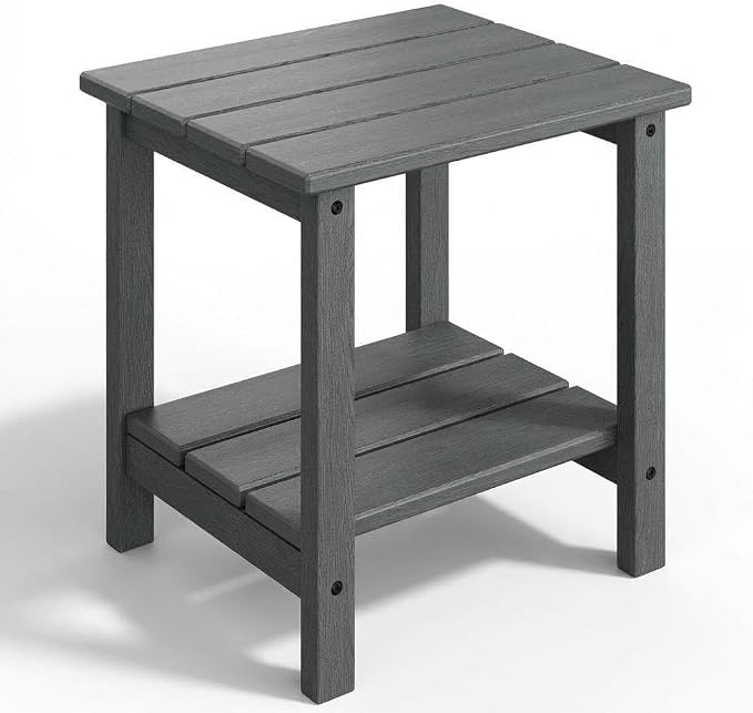 Takywep Adirondack Outdoor Side Table 18 x 15 in, HDPE 2-Tier Patio Side Table, All-Weather End Table for Patio, Pool Deck, Indoor & Backyard, Gray