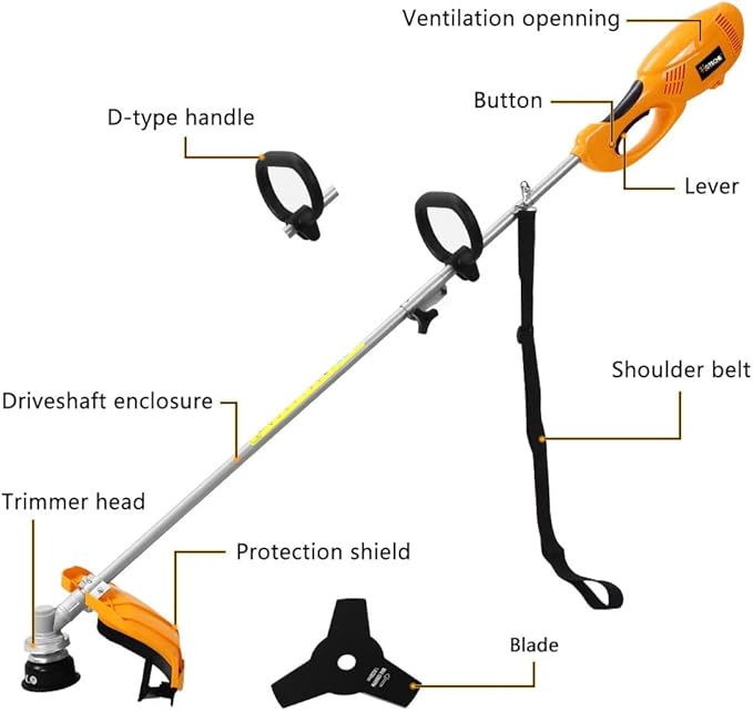 Hoteche 1000W Electric String Trimmer & Brush Cutter, 10500RPM with 350MM/230MM Cutting Diameter, Orange & Black, Color Box