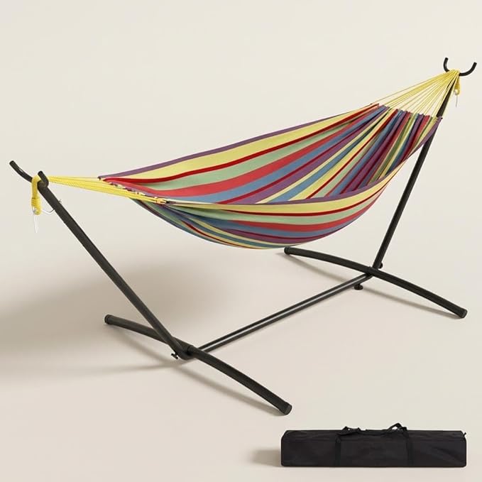 Heavy Duty Double Hammock with Steel Stand, 2-Person Hammock with 500 LBS Capacity, Quick-Fold Portable Space-Saving Hammock with Carry Bag for Outdoor Garden, Yard, Camping & Beach