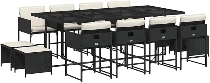13 Piece Garden Dining Set Black PE Rattan Large Foldable Outdoor Patio Furniture with Rectangular Table 8 Chairs 4 Stools Tempered Glass Top UV Resistant for Backyard Terrace 12 Seats