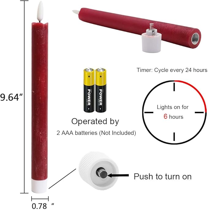 Wondise Flameless Taper Candles with Timer, 6 Pack Battery Operated LED Flickering Real Wax Red Candle for Christmas Wedding Dinner Decorations