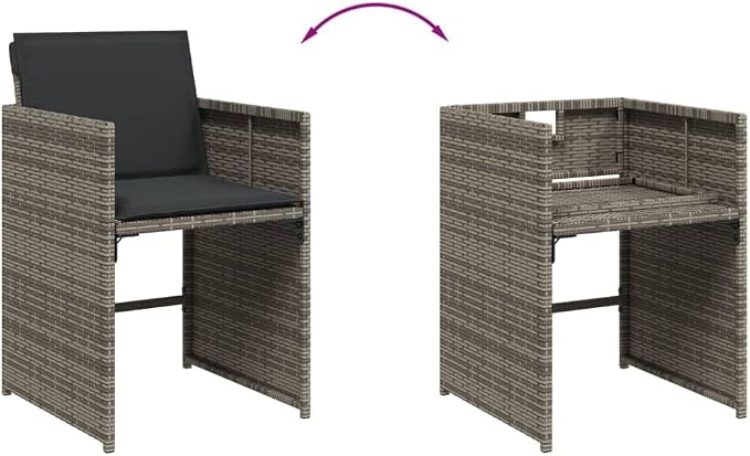 11 Piece Outdoor Patio Dining Set with Cushions Gray Poly Rattan, Foldable Chairs and Acacia Wood Table for Garden Backyard Deck Entertaining