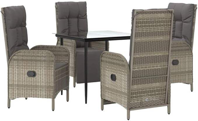 BOWERY HILL 5-Piece Patio Dining Set, Black and Gray, Powder-Coated Steel Frame, PE Rattan with Cushions, Reclining Chairs, Weatherproof Outdoor Furniture for Garden, Terrace or Patio Dining