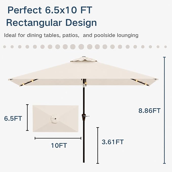 6.5 x 10ft Rectangular Patio Umbrella with Solar Lights, 16 LED Lighted Market Umbrella with Push-Button Tilt and Crank, 6 Sturdy Iron Ribs for Garden, Deck, Pool, Creamy White