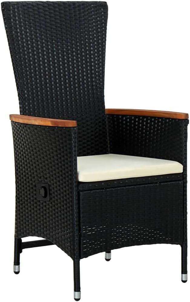 7-Piece Black PE Rattan Patio Dining Set with Cushions | Features 1 table and 6 reclining chairs with acacia wood accents, designed for backyard, deck, and porch family meals.