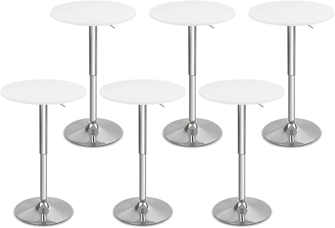 CLATINA Round Bar Pub Tables Set of 6, 26"-36" Height Adjustable Bistro Table with Metal Base, 360° Swivel High Top Cocktail Table for Home Kitchen Party Drink Restaurant Wedding Cafe Reception, White