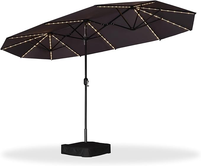 PURPLE LEAF 13ft Patio Market Umbrella with Solar LED and Base Double-Sided Rectangle Outdoor Table Sun Umbrellas with Crank for Pool Beach Deck Backyard Gray