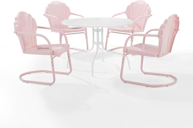 HomeStock Outdoor Metal Dining Set - 5 Piece Patio Table & Chairs - Pink & White