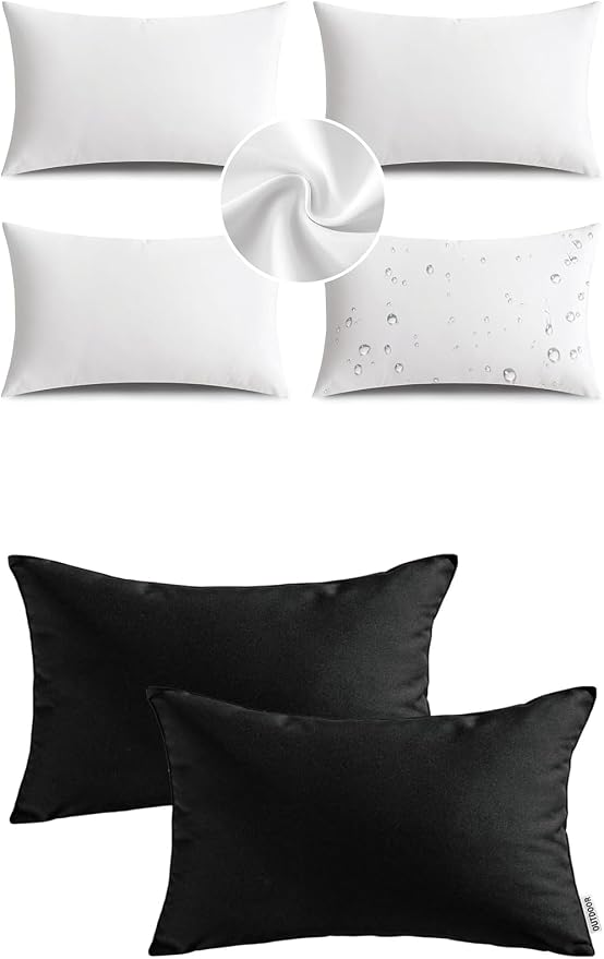 MIULEE Pack of 4 Waterproof Pillow Inserts Bundle Pack of 2 Outdoor Pillow Covers Black 12x20 Inch