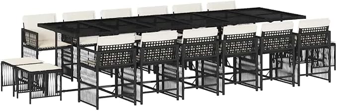 17-Piece Outdoor Dining Set, Poly Rattan Garden Table and Chairs for 16 People, Foldable Patio Furniture, Black and Cream White