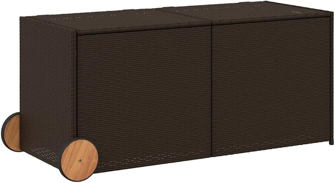 Large Outdoor Storage Box with Wheels 74.8 Gallon Brown Poly Rattan Garden Patio Furniture for Cushions Blankets Pillows Weather-Resistant Durable Steel Frame Easy to Move Waterproof Bag