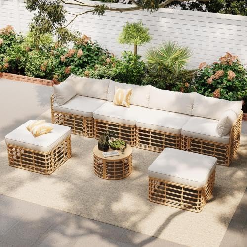 7 Pieces Outdoor Patio Furniture Set, All-Weather Rattan Sectional Sofa Set with Thick Cushions and Pillows, Round Coffee Table, Freely Combined Conversation Sets for Garden, Backyard (Beige * 104)