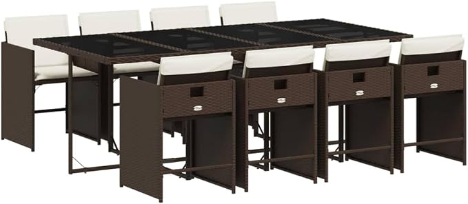 9 Piece Patio Dining Set, Outdoor Rattan Cube Table and 8 Chairs with Padded Cushions, Space-Saving Backyard Furniture for Garden, Brown
