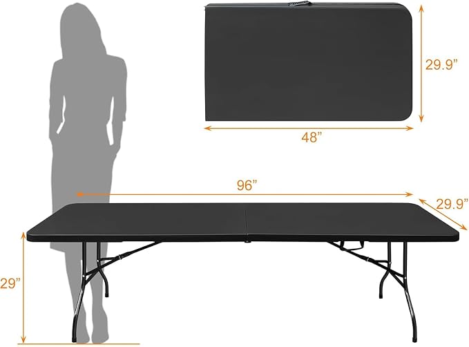 Anwick 8 Foot Folding Table Portable Fold-in-Half Plastic Picnic Table w/Handle and Steel Legs for Indoor, Outdoor, Camping, Party, Garden (Black New, 8ft)