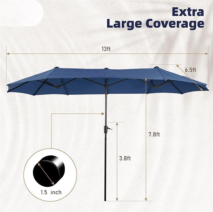 MFSTUDIO 13ft Outdoor Patio Umbrella, Double Sided Large Rectangular Umbrella Market Table Twin Triple Rectangle Umbrellas with Crank Handle for Outside Picnic Backyard Deck Pool (no base)