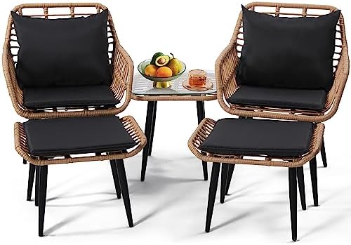 5-Piece Wicker Patio Conversation Set - Stylish Outdoor Furniture with 2 Chairs, 2 Ottomans & Side Table - Ideal for Balcony, Deck, Porch & Backyard Relaxation