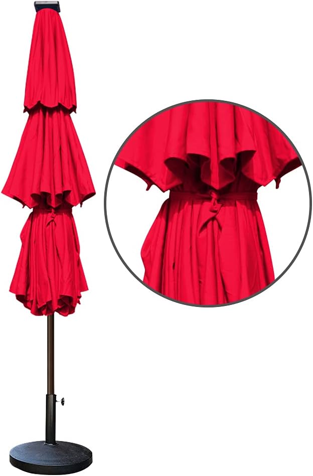 EliteShade USA 10-Year-Non-Fading 9ft 3-Tier Market Patio Umbrella, Commercial Table Umbrella with 80 Solar LED Lights, Crank Open, Windproof & UPF 50+ UV Protection for Garden, Deck, Pool, Backyard, Logo Red