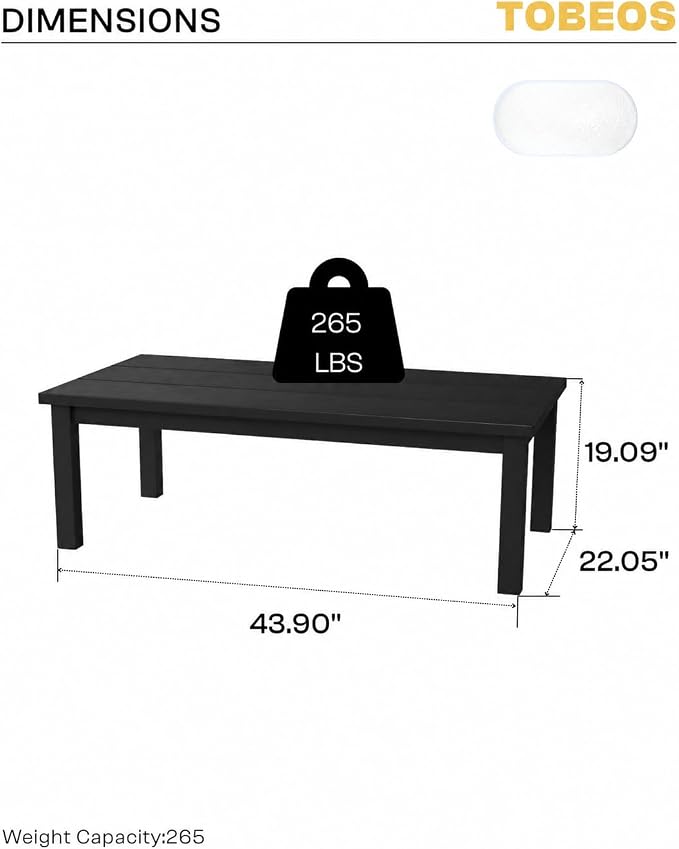 HDPE Outdoor Coffee Table, Weather-Resistant Rectangle Patio Coffee Table with Large Tabletop for Balcony, Deck, Garden, Poolside (Black)