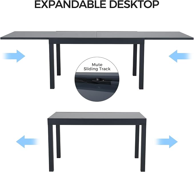 Grand patio 5-Piece Expandable Table Dining Set for 6 to 10, Aluminum Outdoor Dining Table with Glass Tabletop, Metal Woven Wicker Fixed Patio Chairs with Cushions for Yard, Poolside, Deck (Black)