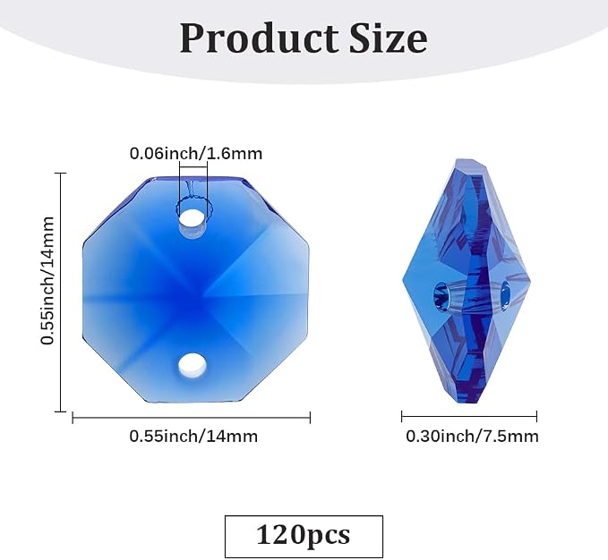 120Pcs 14mm Octagonal Crystal Beads Suncatcher Glass Beads with 2 Hole Dodger Blue Chandelier Replacement Connector Faceted Prism Spacers for DIY Lamp Hanging Ornament Pendant Jewelry Decor