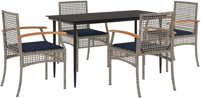 BOWERY HILL Contemporary 5 Piece Poly Rattan Patio Dining Set, Powder-Coated Metal Frame, Black Finish, UV-Resistant Cushions, Tempered Glass Tabletop, Outdoor Garden and Terrace Dining Use