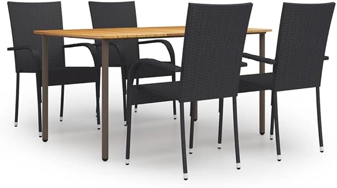 BOWERY HILL 5-Piece Contemporary Patio Dining Set, Weather-Resistant PE Rattan and Steel, Black/Natural Finish, Stackable Chairs, 59.1 x 35.4 x 28.3 in., Outdoor Garden Terrace Furniture for 4