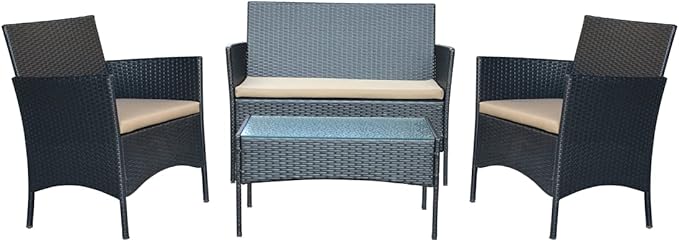 Jeco W00609-B 2 in. Aoife Steel Black Resin Wicker Patio Conversation Set with Tan Cushion - 4 Piece