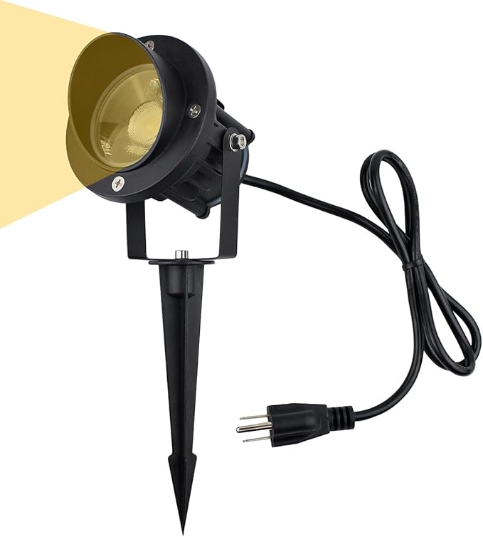 GBS9709 Outdoor Spotlights with Stake, 3000K Warm, Line Voltage 120V AC 9W, Outdoor Stake Lights, Flag Light, 3-ft Cord with Plug, Black, Not Dimmable