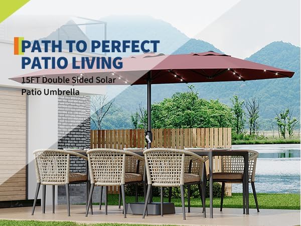 15FT Outdoor Patio Umbrella,Double-Sided Rectangle Market Umbrella with 36 LED Solar Lights & Base,UV50+ Weather-Resistant Oversized Outdoor Umbrella,Crank Lift,3-Way Shade for Pool,Garden,Backyard