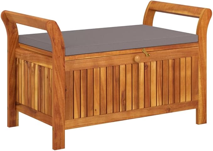 Wooden Outdoor Patio Storage Bench Large Deck Box with Brown Cushion 35.8"x19.7"x23.6" Solid Wood Acacia Storage Box Deck Box with Seat for Garden, Balcony, Porch, Pool,Yard-AA