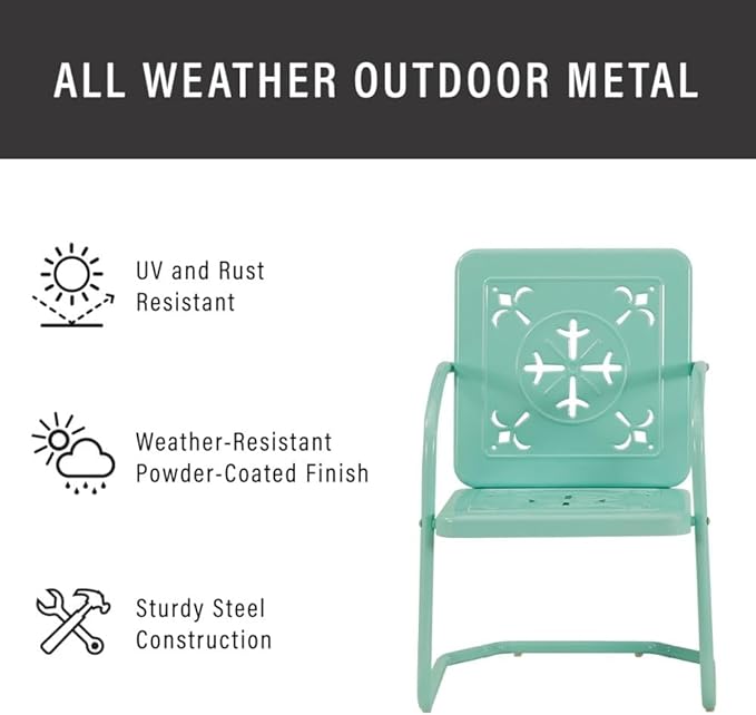 Crosley Furniture Azalea 3-Piece Vintage Outdoor Chair and Side Table Set, Retro Metal Patio Conversation Sets, Aqua Gloss