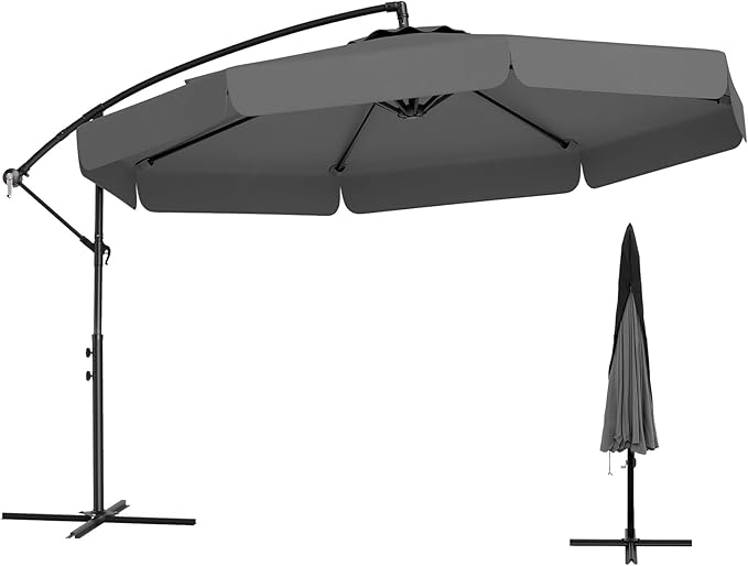 Tangkula 10FT Offset Hanging Umbrella with Cover, Patio Cantilever Umbrella w/ Easy Tilt Adjustment, Crank, Ruffled Edge, 8 Ribs, Sun-Protective Canopy, Heavy-Duty Outdoor Parasol for Pool Garden Deck (Gray)