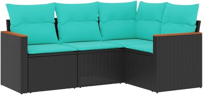4 Piece Patio Sofa Set with Cushions, Front Porch Furniture Patio Conversation Set Garden Lounge Set Sectional Sofa for Piazza Exhibition Garden Poolside Black Poly Rattan