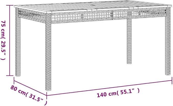 Beige 55.1" x 31.5" x 29.5" Rectangular Patio Table with PE Poly Rattan Base and Acacia Wood Top for Garden Backyard