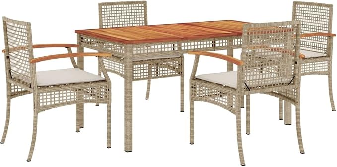 5 Piece Patio Dining Set with Cushions Beige Poly Rattan Outdoor Furniture Table and 4 Chairs Acacia Wood Top UV Proof Backyard Garden Porch Dining, Cream White Cushions